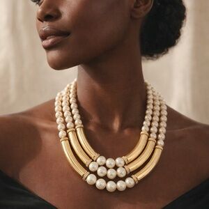 Gold Tone and Faux Pearl Statement Necklace